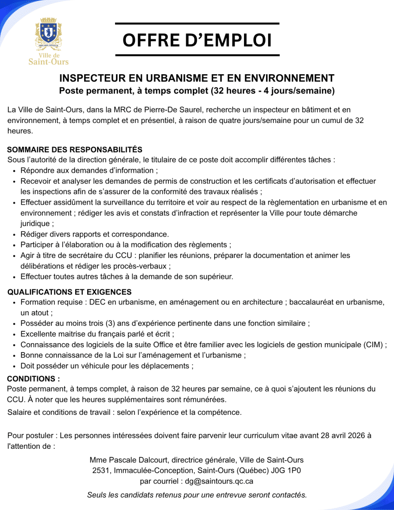 Joignez-Vous à Notre Équipe – Inspecteur en Urbanisme et en Environnement Recherché