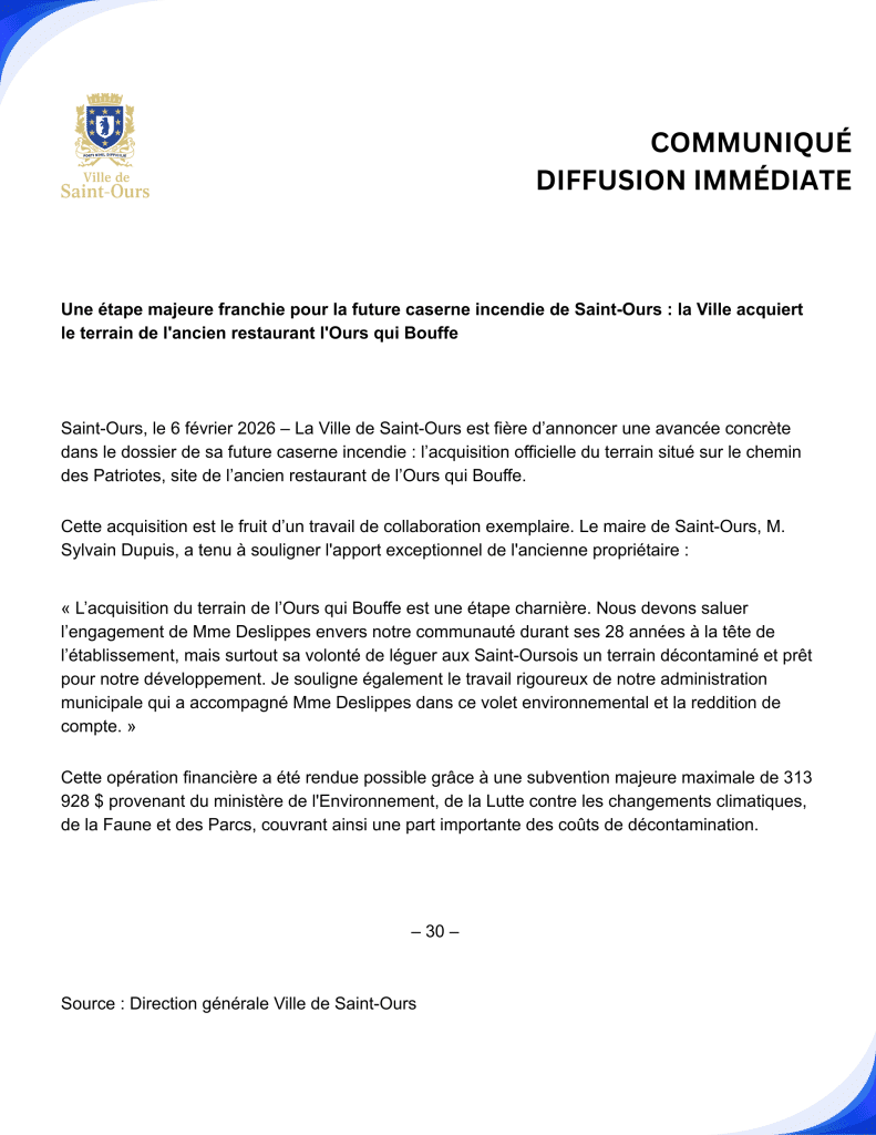 Une étape majeure franchie pour la future caserne incendie de Saint-Ours